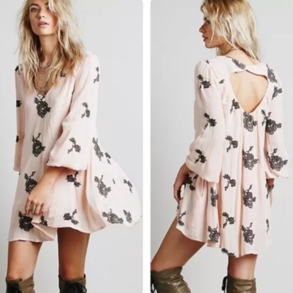 Free People Emma Dress Light Pink & Blue Embroidered Flowers New